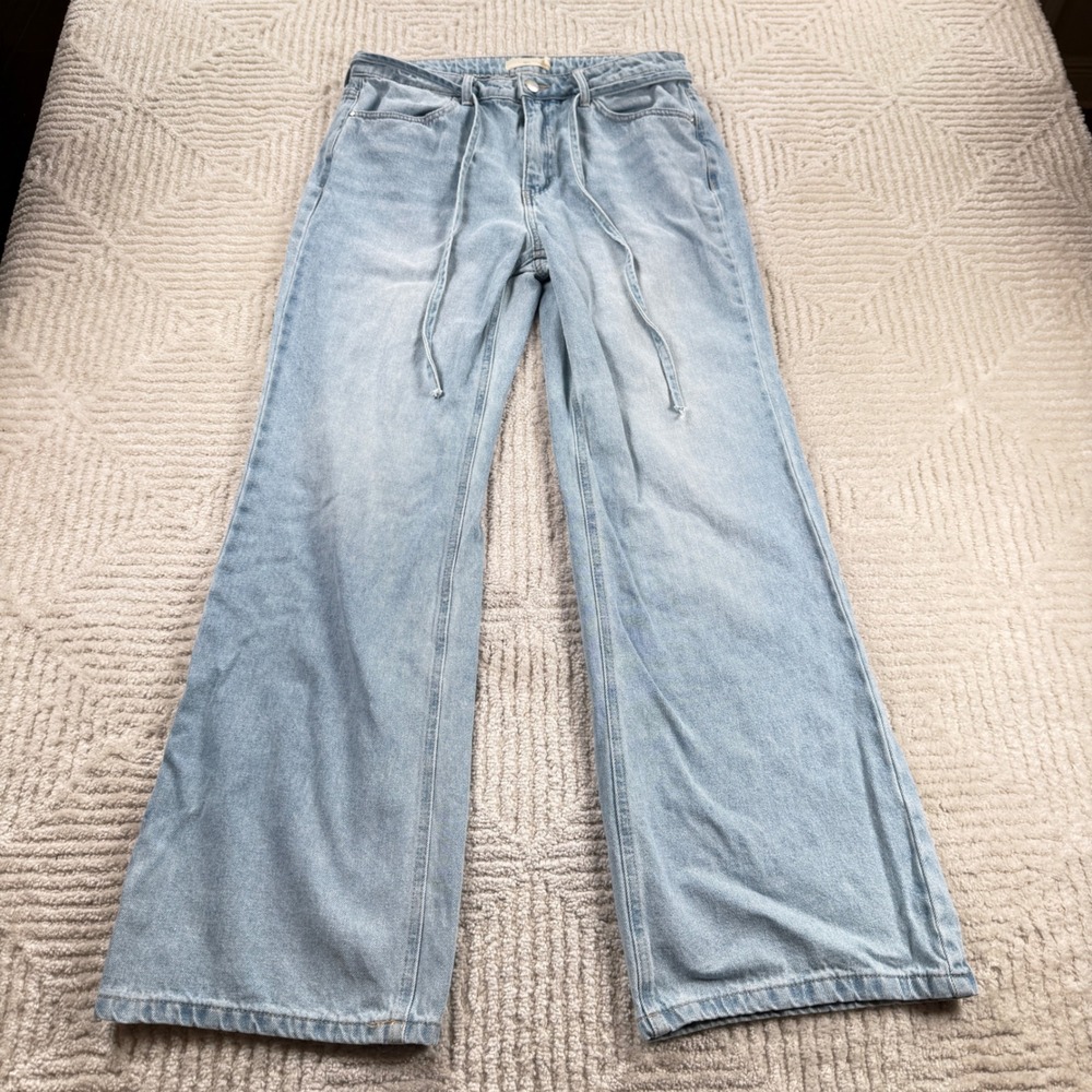 Tgla Wide Leg Jeans Womens 28 Light Blue Mid Rise Cotton Drawstring Baggy Boho